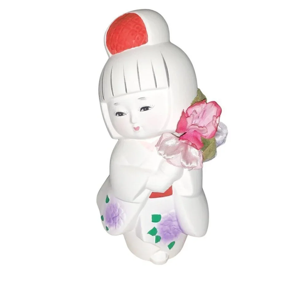 Vtg‎ Japanese Hakata Bisque Geisha Doll on Signed Wooden Base 7 3/4” T Ceramic